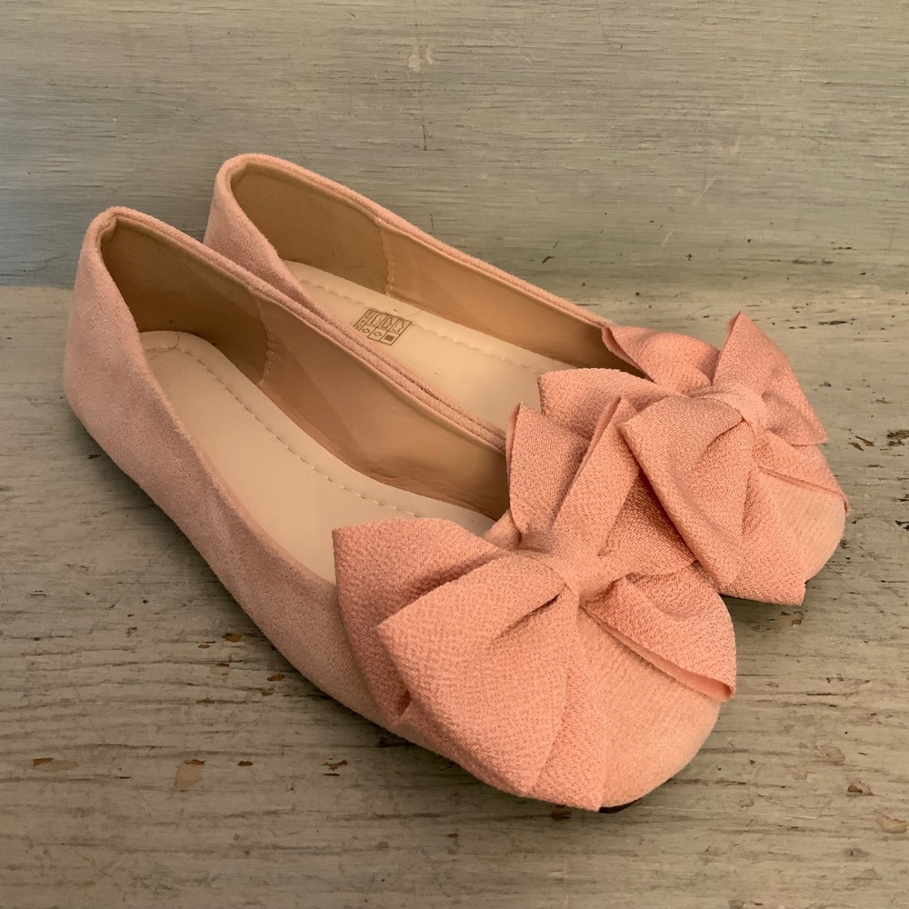 Baby Pink Faux Suede Bow Embellished Square Toe Ballet Flat Shoes Size 9.5 LN